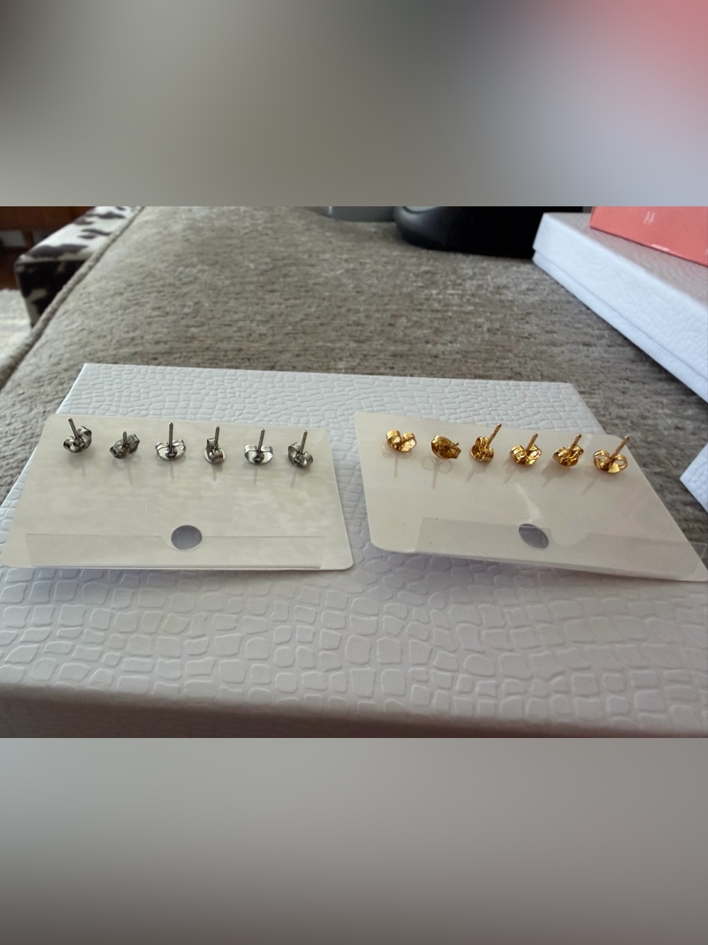 One gold & one silver tone set of post earrings, stainless steel (6 pc per set) - Picture 2 of 7